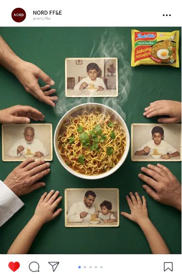 Indomie post: family photographs from four decades laid around a bowl of noodles