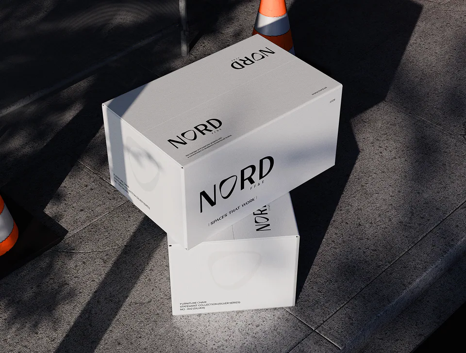 Two branded Nord shipping boxes on a city sidewalk