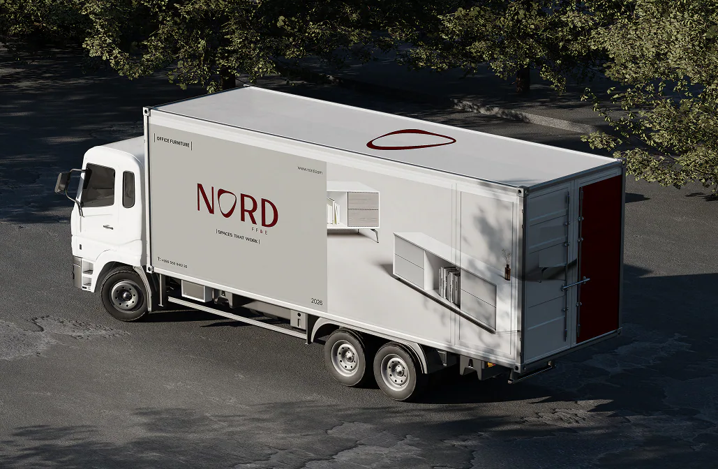 A Nord delivery truck liveried with the mark and Spaces That Work