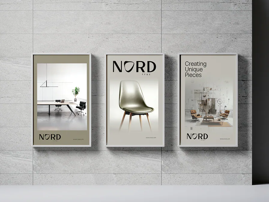 Three framed Nord posters on a concrete wall, including Creating Unique Pieces