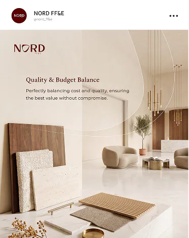Post: Quality & Budget Balance, over a styled material palette in a bright showroom