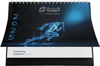 The 2025 desk calendar, a figure in blue light across the spread