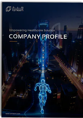 The company profile cover: COMPANY PROFILE over a figure rendered in blue light above a night skyline