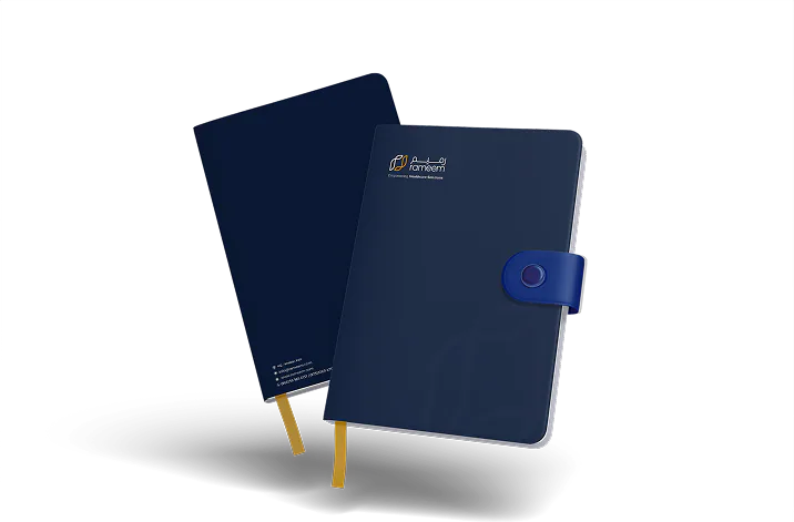 Two navy agendas with the rameem mark, one closed and one strapped