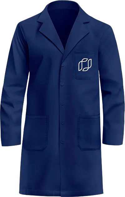 A navy lab coat embroidered with the rameem mark