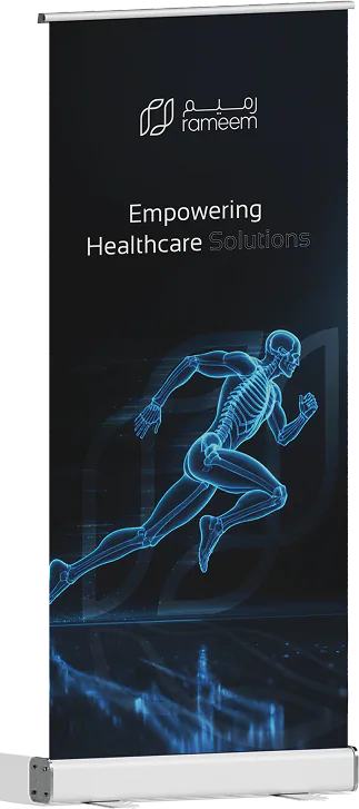 A roll-up banner carrying the rameem mark over a figure in blue light