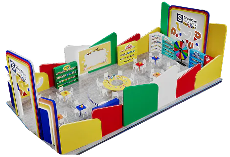A cutaway render of the SAMACO Academy stand: play tables, feature walls and a prize wheel laid out on the floor