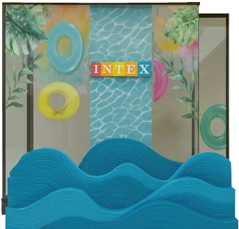 A 3D INTEX stand: a pool-water panel between swim rings, rising out of sculpted blue waves