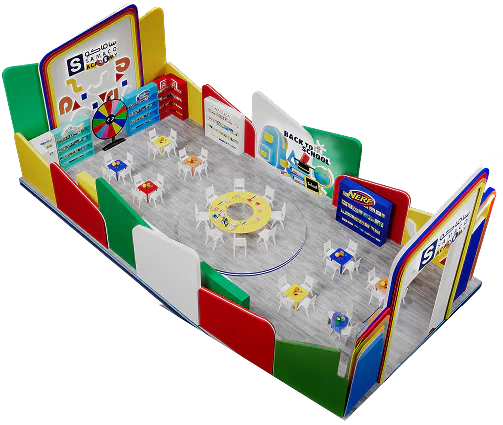 An overhead render of the SAMACO Academy activation, the seating ringed around a central play table