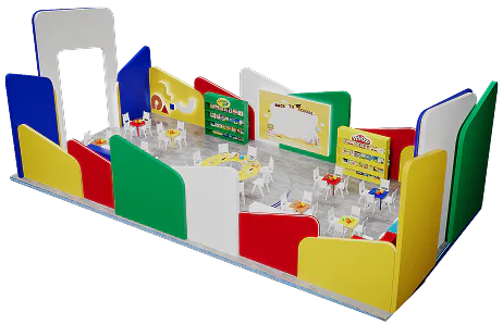 A render of the open-plan SAMACO Academy stand with its back-to-school feature wall