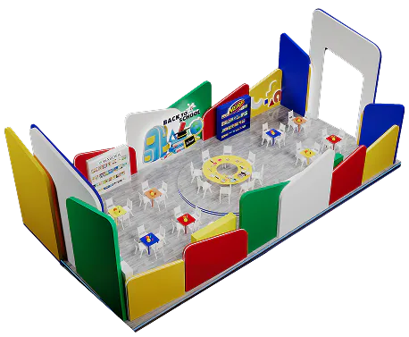 A render of the SAMACO Academy floor, the NERF and back-to-school zones set against primary-colour partitions