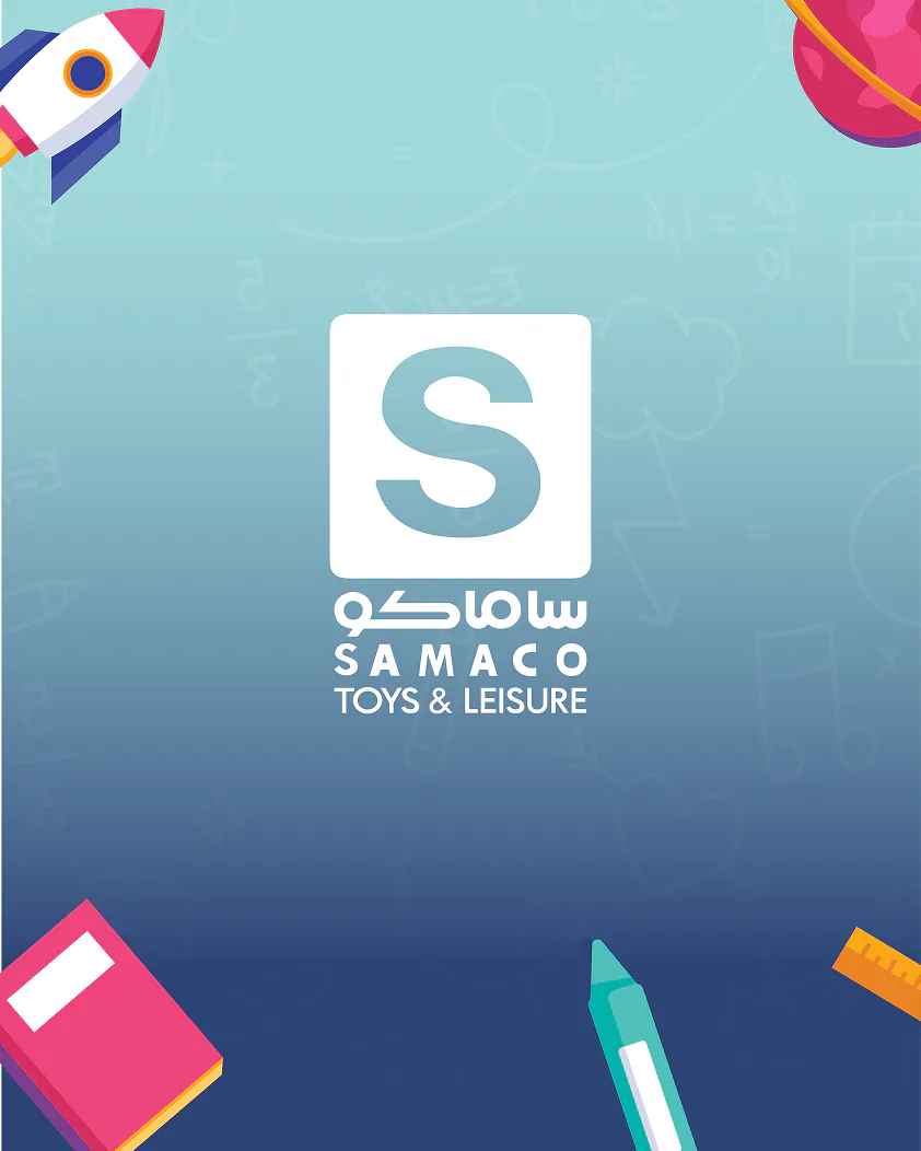 The SAMACO Toys & Leisure logo centred on a gradient scattered with a rocket, a book, a pencil and a ruler
