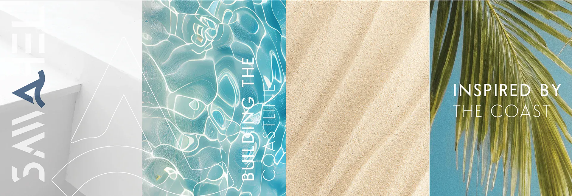 Four photographic panels: the monogram in relief, pool water reading Building The Coastline, raked sand, and a palm frond under Inspired By The Coast