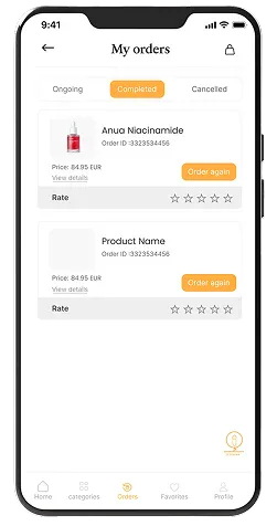App screen: completed orders, each one ready to rate or re-order