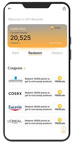App screen: the loyalty balance and the coupons it can be spent on