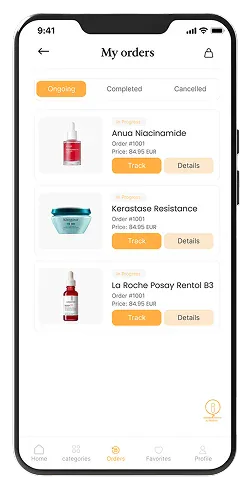 App screen: orders in progress, each one with tracking
