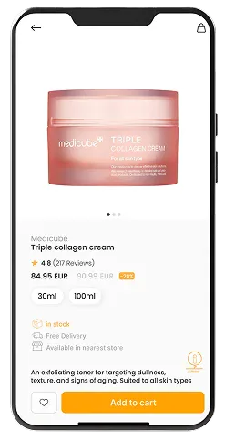 App screen: a product page (Medicube triple collagen cream, with sizes, stock and delivery)