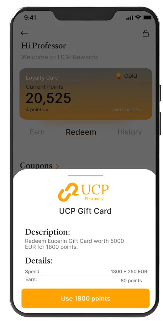 App screen: redeeming a UCP gift card against a loyalty balance