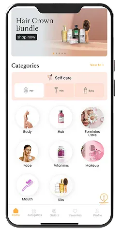 App screen: the self-care category grid (body, hair, face, vitamins, make-up and more)