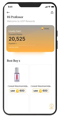 App screen: UCP Rewards, with the loyalty card and its Best Buy picks