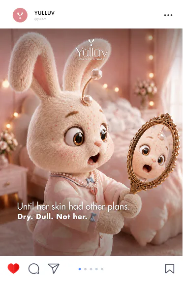 Yulluv campaign post: the rabbit mascot discovers dry skin in a mirror
