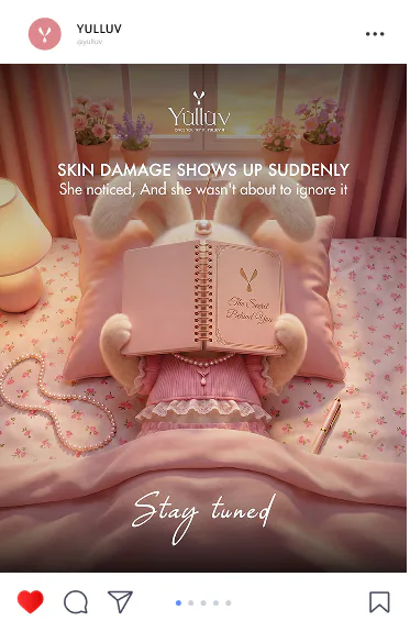 Yulluv campaign post: the rabbit mascot reads a skincare diary in bed