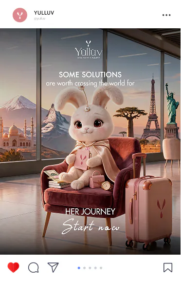 Yulluv post: the rabbit mascot in an airport lounge beside a pink suitcase, some solutions are worth crossing the world for
