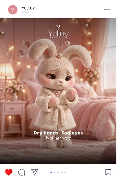 Yulluv post: the rabbit mascot in a bathrobe in a pink bedroom (dry hands, sad eyes, not her way)