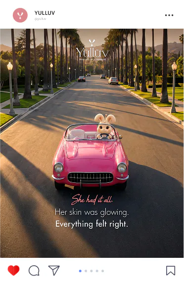 Yulluv post: the rabbit mascot driving a pink convertible down a palm-lined road, her skin was glowing