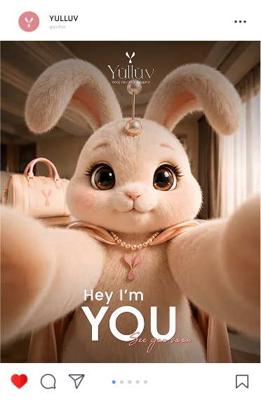 Yulluv post: the rabbit mascot taking a selfie under the line Hey I'm You