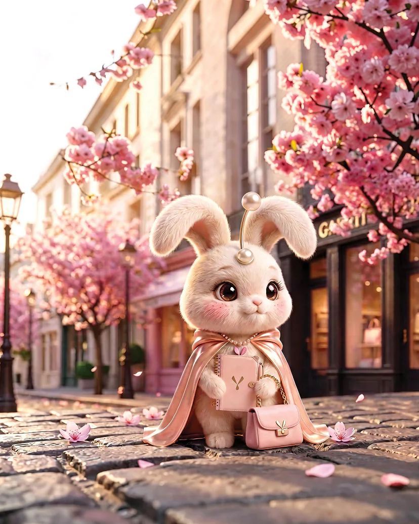 The Yulluv rabbit mascot carrying a pink handbag beneath flowering cherry trees